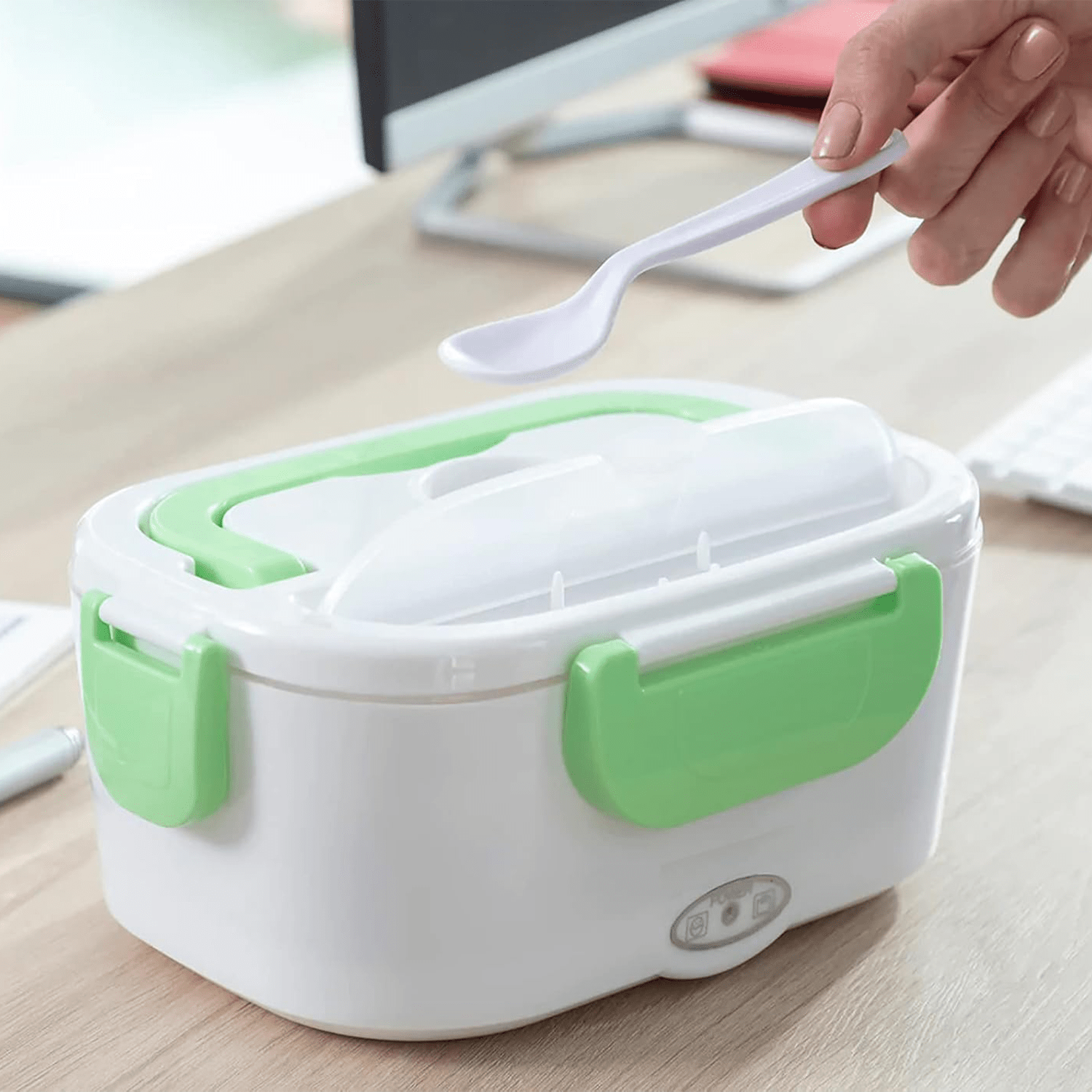 Caja Termica Portatil con 2 Compartimentos, Lonchera Electrica con Asa de Transporte, 1L de Capacidad, Calienta en Pocos Minutos, Enchufe para Casa Incluido, Espacio para Cubiertos con Cuchara Incluida, Fácil Limpieza