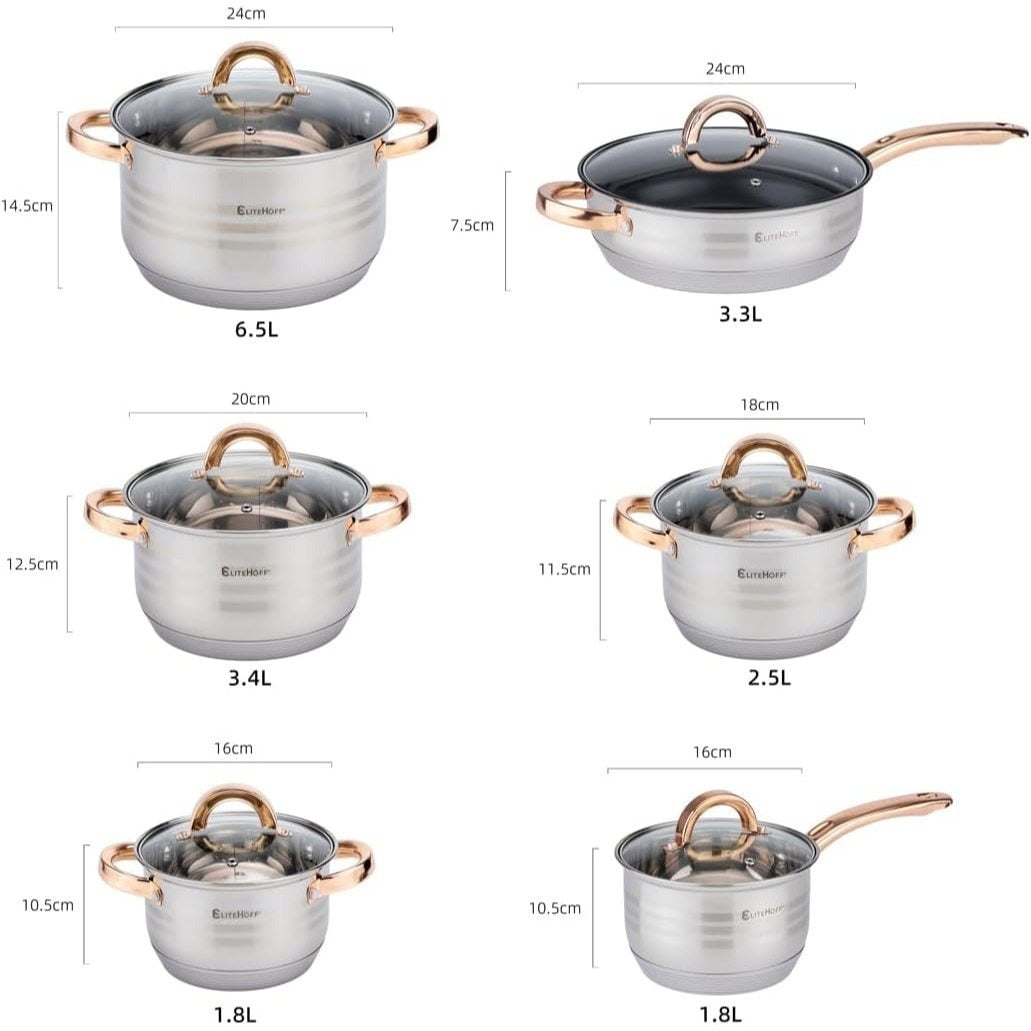 Batería de Cocina 12 Piezas, Juego de Ollas, Cazo y Sartén de Acero Inoxidable, Tapas Incluidas, Apto para Lavavajillas, Apto para Cocina Eléctrica, Gas, Vitrocerámica e Inducción