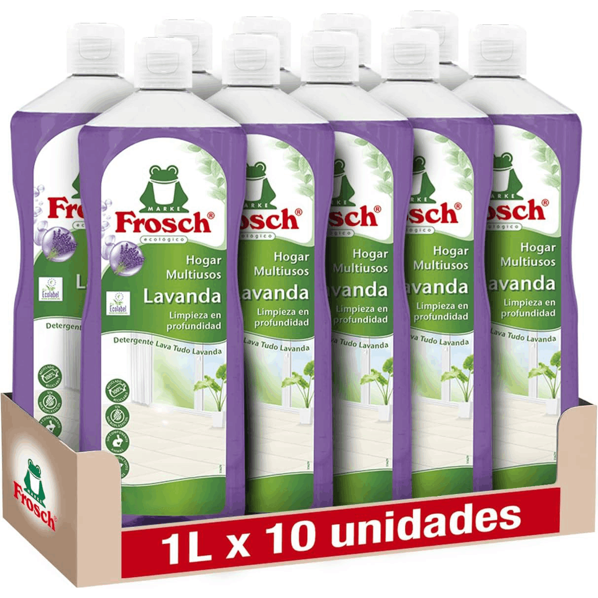 Frosch Limpiador Multiusos de Hogar con Extractos de Lavanda, Elimina la Grasa y la Suciedad en General, Higienizante Eficaz, Resultado Brillante y Duradero, Pack 10 Unidades x 1L, 10L en Total