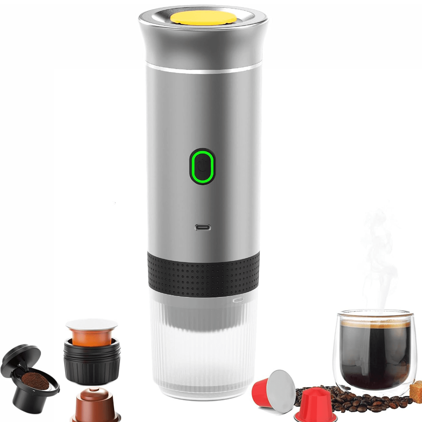 Maquina Café Espresso Portátil, Compatible con Cápsulas Pequeñas, Grandes y Café Molido, Fácil de Limpiar, Carga USB-C, Hasta 50 Cafés por cada Carga Completa, Compacto y Ligero Ideal para Fuera de Casa, Trabajo, Oficina, Viaje, Excursión