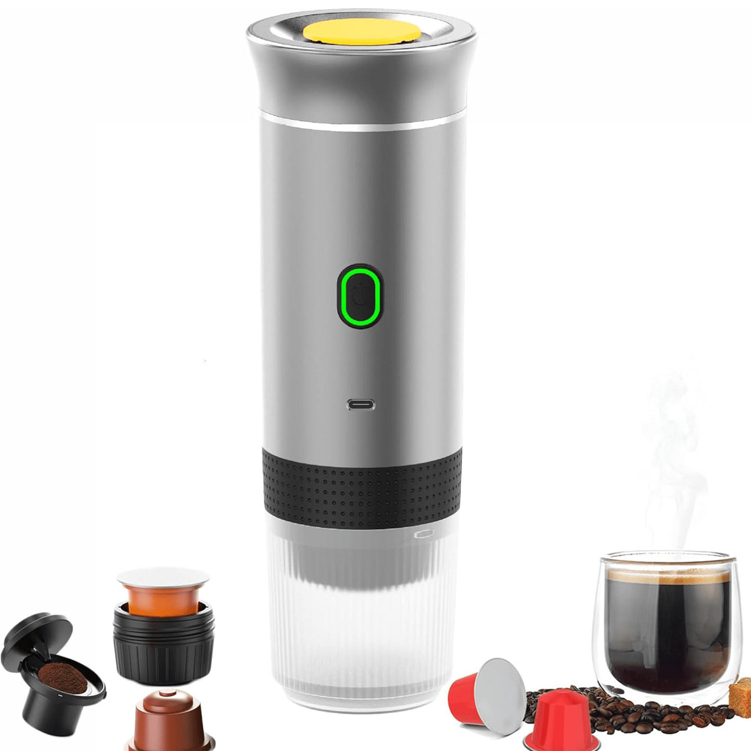 Maquina Café Espresso Portátil, Compatible con Cápsulas Pequeñas, Grandes y Café Molido, Fácil de Limpiar, Carga USB-C, Hasta 50 Cafés por cada Carga Completa, Compacto y Ligero Ideal para Fuera de Casa, Trabajo, Oficina, Viaje, Excursión