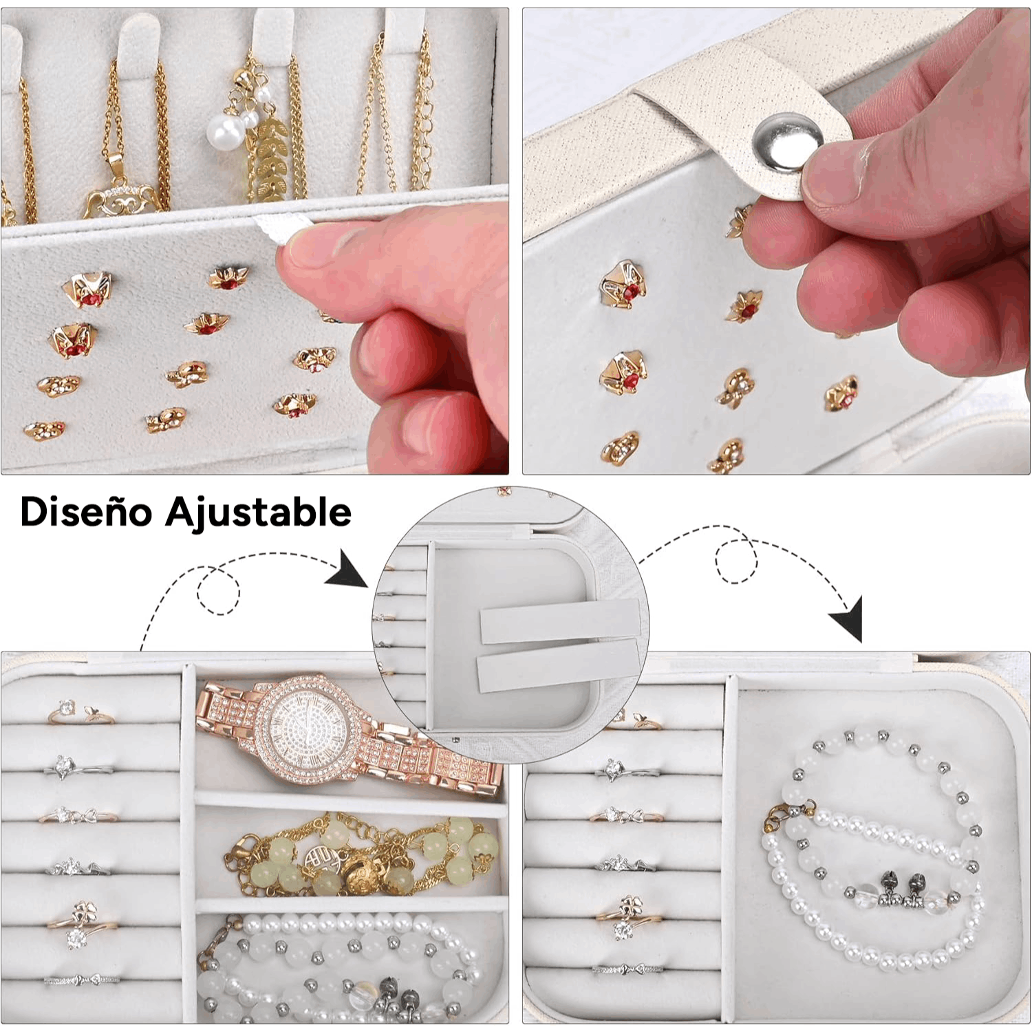 Joyeros Organizador de Mujer con Múltiples Compartimentos y Espacios, Impermeable, Cremallera Resistente, Interior Suave para Proteger las Joyas del Desgaste, 16cm Largo x 11.5cm Ancho x 5cm Alto, Caja Organizadora de Joyas