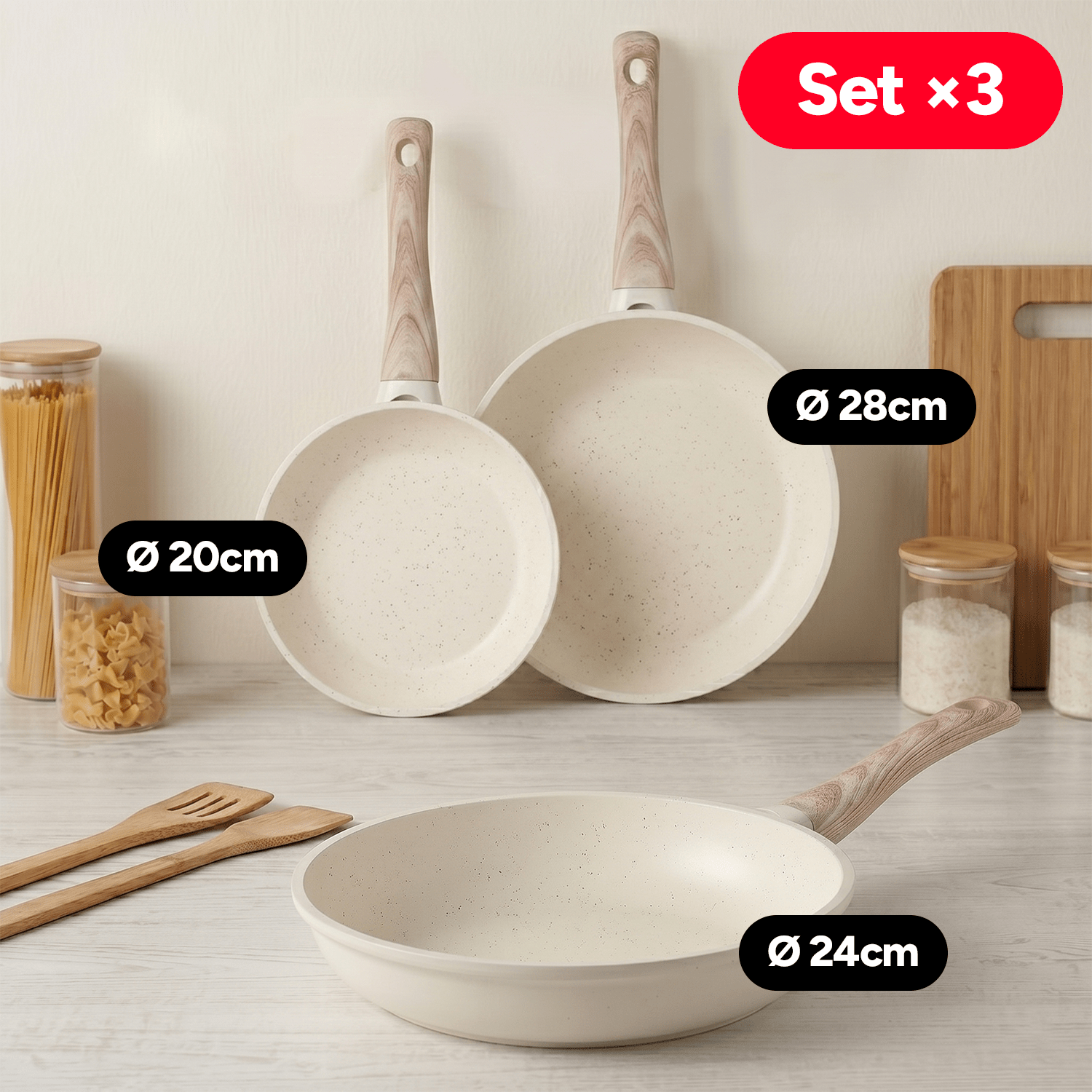 Set 3 Sartenes Cocina Antiadherente, Sartenes de Aluminio de Alta Resistencia con Revestimiento Antiadherente efecto Mármol Blanco, Base de Inducción y Mangos de Baquelita Estilo Madera, Ø20/Ø24/Ø28cm