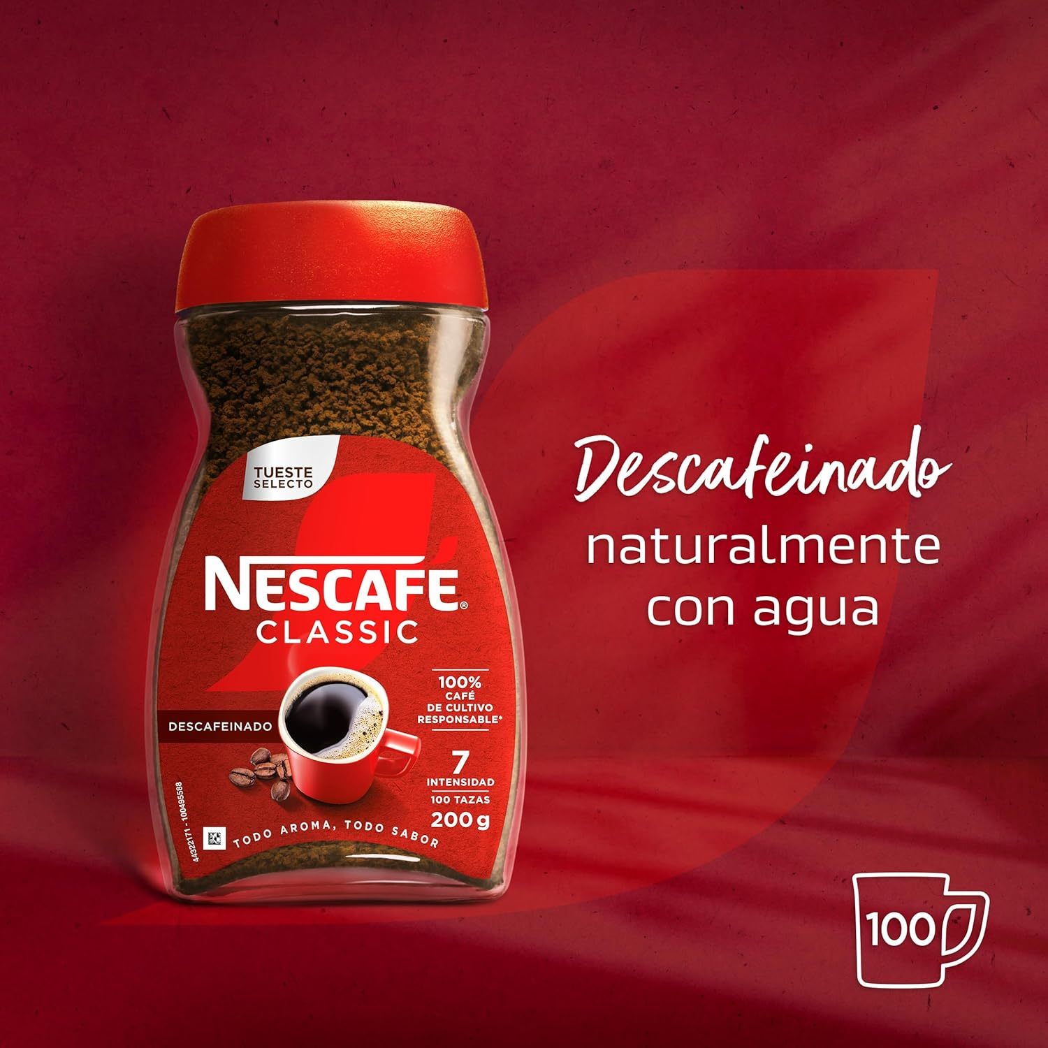 Nescafé Classic Descafeinado, Café Soluble Instantáneo 200g/100g/50g, Tueste Medio, Intensidad 7