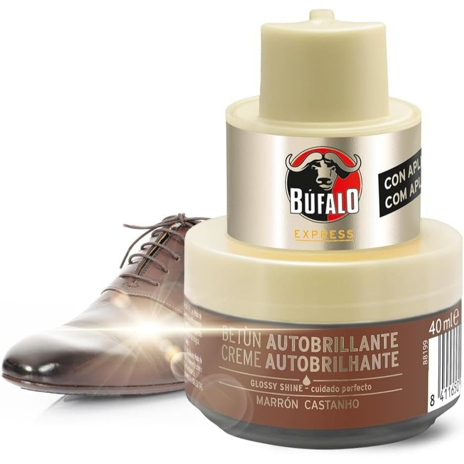 Búfalo Betún Calzado Autobrillante color Marrón, Crema para Zapatos, Aporta Color y Brillo, Esponja Integrada, 40 ml