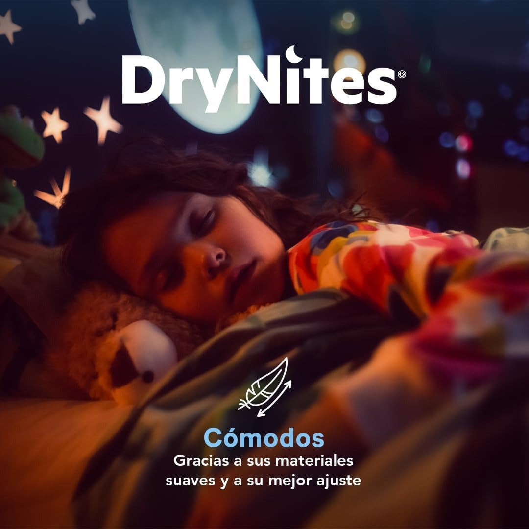 HUGGIES Dry Nites Bragas Absorbentes Niña, Clínicamente Probado con 5 capas de Máxima Protección Nocturna, Hasta un 100% de Noches Secas, Diseñados para parecer y sentirse como Ropa Interior de verdad, Pañales de Noche