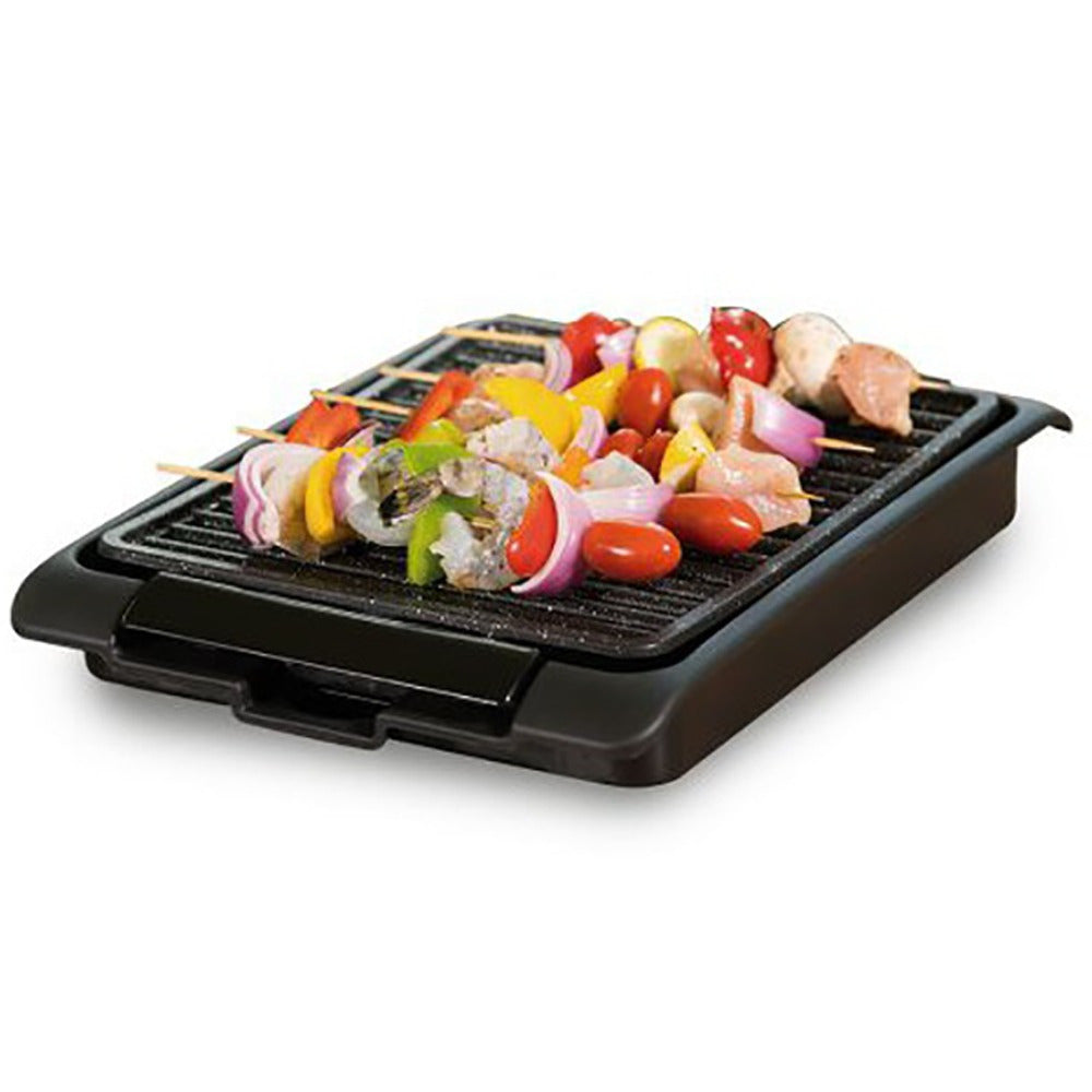 Grill eléctrico sin humos con parrilla de aluminio antiadherente y cable desmontable con termostato regulable potencia de 1250W, superficie de 25.5 × 30.5 cm
