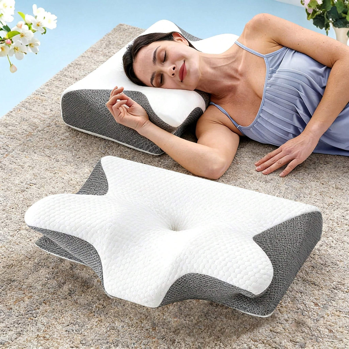 Almohada Cervical 2 en 1, Almohada Ergonómica de Espuma Viscoelástica, Funda Lavable de Poliéster, Amortiguación Perfecta, Soporte de Cabeza, Cuello y Hombro, Ayuda a Corregir la Postula, Se adapta al Contorno, 58 x 33 x 11 cm