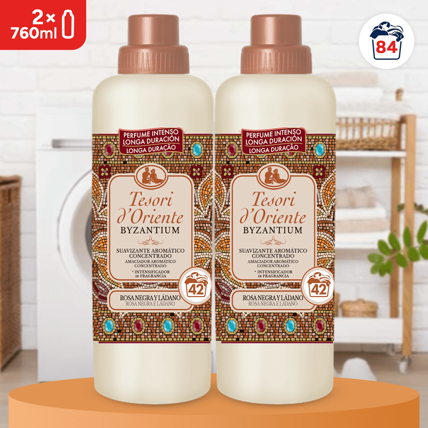 Tesori d'Oriente, Perfumador y Suavizante de Ropa Líquido Aromático Concentrado Byzantium, Aroma Intenso de Rosa Negra y Ládano, Microcápsulas para Fragancia Duradera, Facilita el Planchado, 760ml - 42 Lavados por Botella