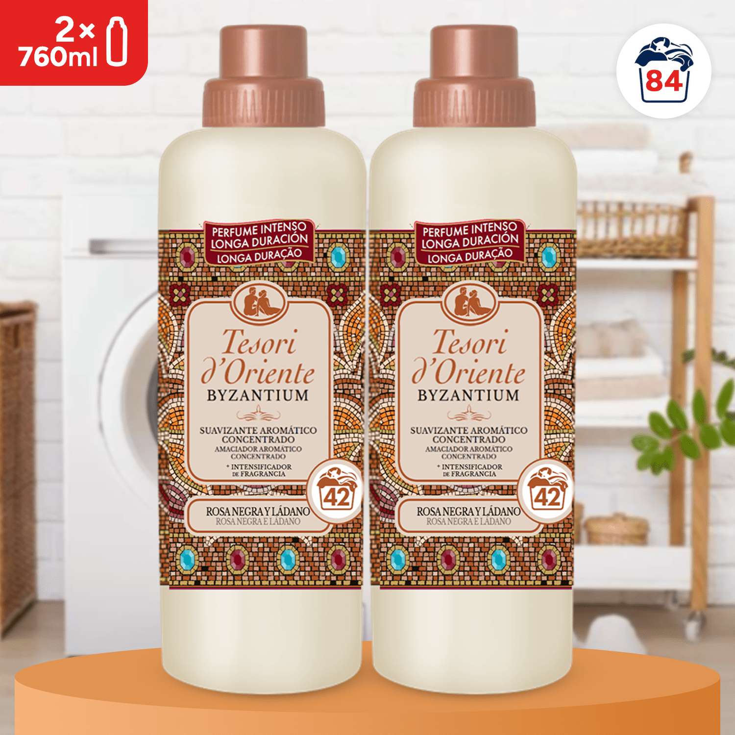 Tesori d'Oriente, Perfumador y Suavizante de Ropa Líquido Aromático Concentrado Byzantium, Aroma Intenso de Rosa Negra y Ládano, Microcápsulas para Fragancia Duradera, Facilita el Planchado, 760ml - 42 Lavados por Botella