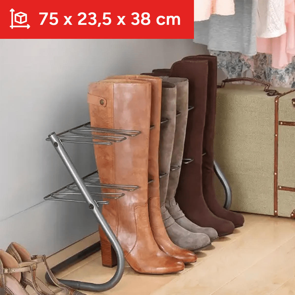 Soporte para Botas con Capacidad para 4 pares de Botas, Ideal para Organizar Armario con Espacio Limitado, Puede usarse en Botas Cortas y Altas, Hecho de Metal Duradero y Resistente, Ideal para Armarios, Pasillos, Oficinas, Gimnasios o Entradas, 75 x 23