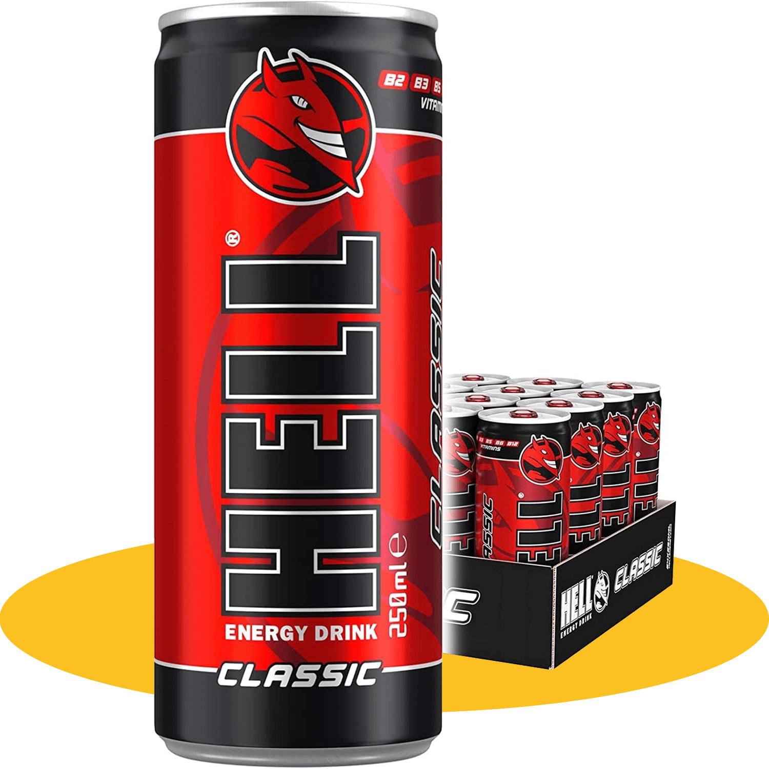 HELL ENERGY Bebida Energética, Refresco Energético con Vitaminas B2, B3, B5, B6 y B12, Pack 12/24/48 Latas de 250ml