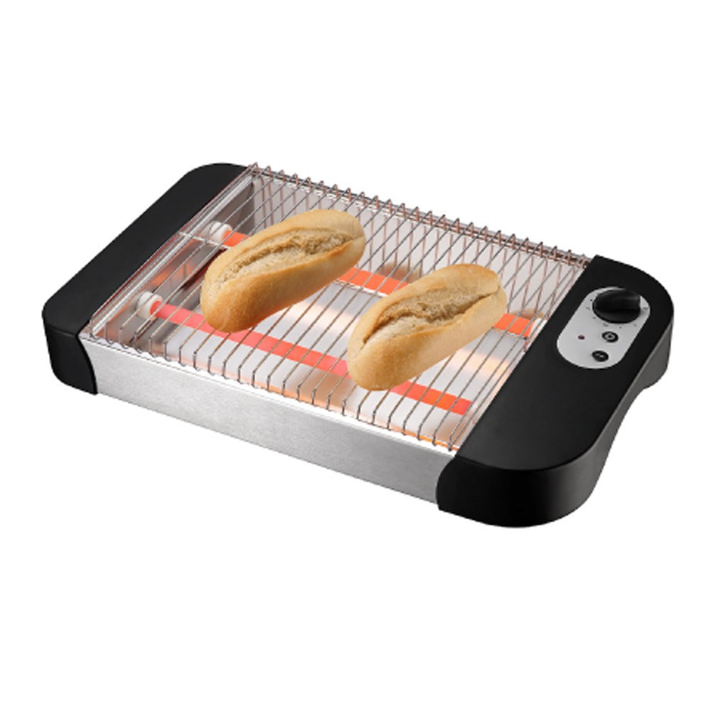 Tostadora Eléctrica Plana de Pan de 600W y Bandeja Recogemigas, Selección de Nivel de Tostado, Luz Indicadora de Encendido, Apto para todo tipo de Pan, 2 Barras Calentadoras de Cuarzo, Grill de Acero Inoxidable, Potencia de 600W, 220-240V, 50/60Hz