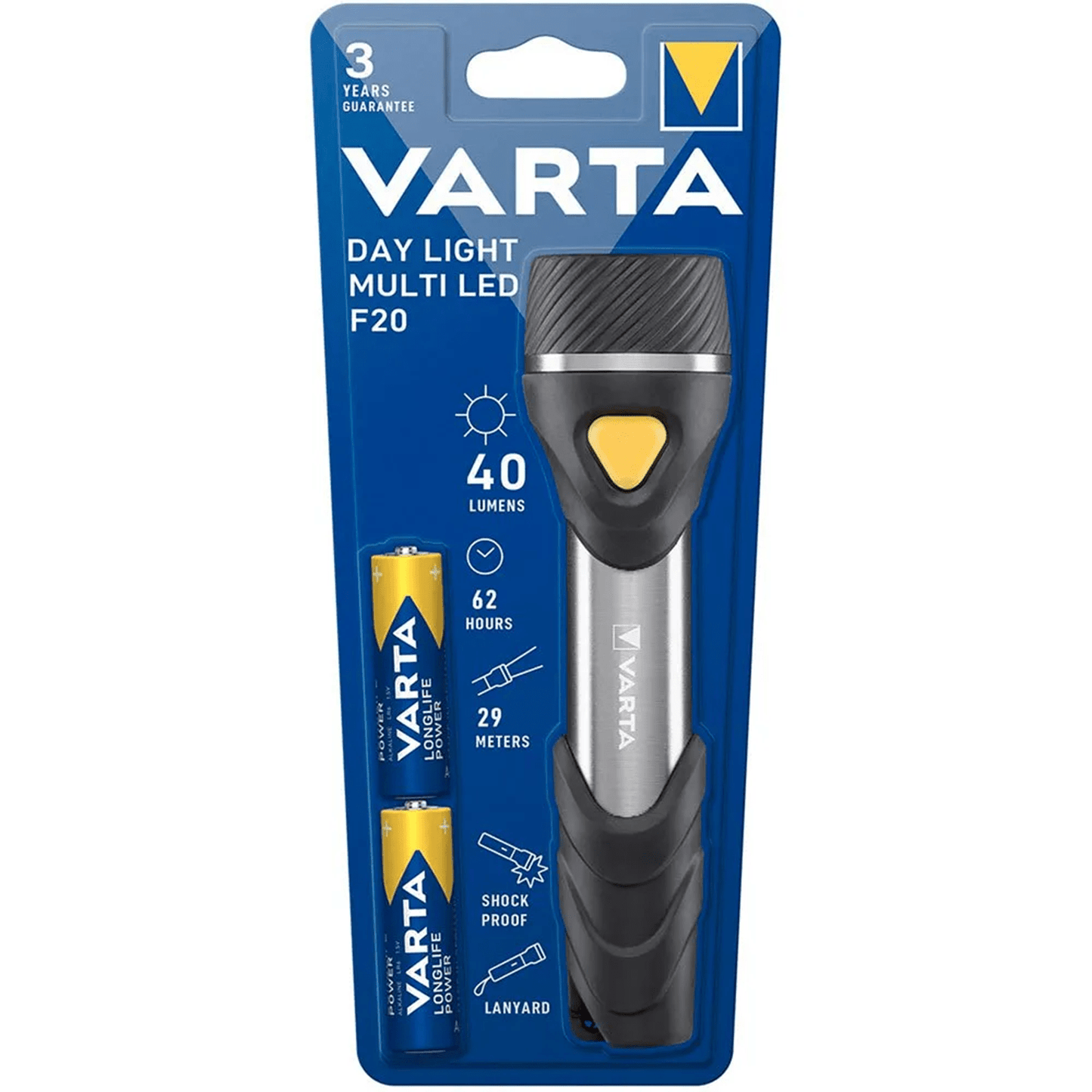 Linterna con Pilas, Multi LED, 40 Lumens, 62h de Duración, 29m de Alcance, Carcasa Resistente a Golpes, Correa de Mano Incluida, Funciona con 2 Pilas AA (incluidas), 16.3cm de Longitud - VARTA
