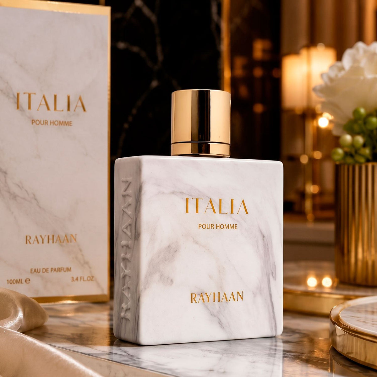 Rayhaan Italia Eau de Parfum, Perfume Árabe de Aroma Fresco y Envolvente con Notas Cítricas, Dulce y Especiado con Bergamota, Limón, Miel, Canela y Vainilla, 100 ml