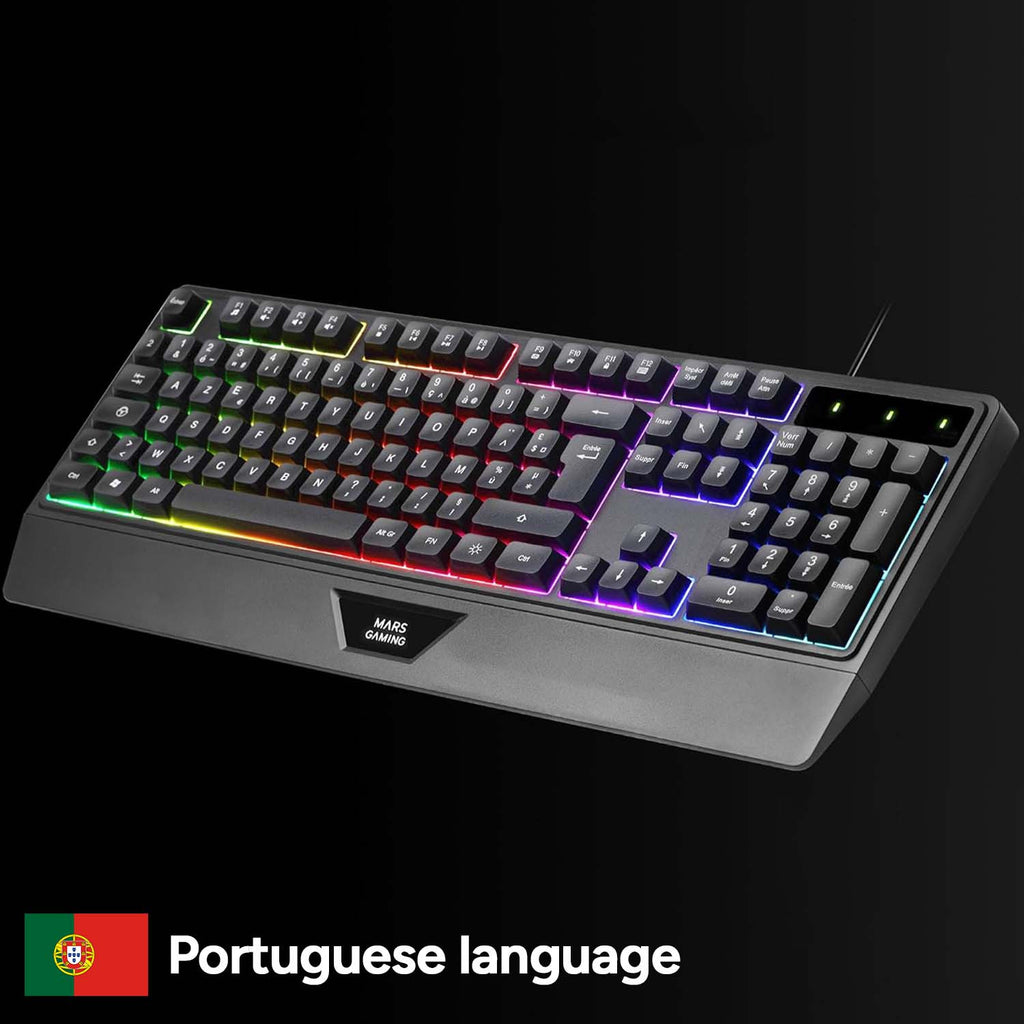 Mars Gaming MK124, Teclado Ergonómico H-Mech, Reposamuñecas Integrado, Iluminación FRGB Rainbow, Teclado Gaming Antighosting Avanzado, Teclado PC Completo Multiplataforma, Idioma Portugués, Negro