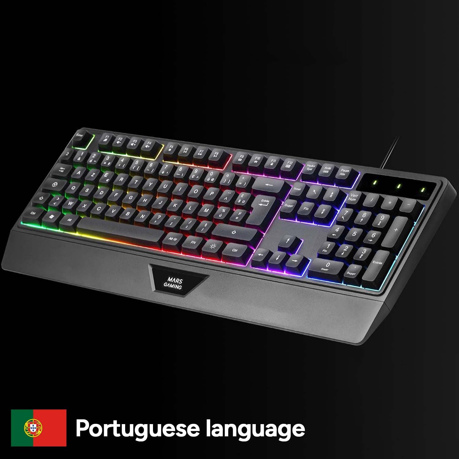 Mars Gaming MK124, Teclado Ergonómico H-Mech, Reposamuñecas Integrado, Iluminación FRGB Rainbow, Teclado Gaming Antighosting Avanzado, Teclado PC Completo Multiplataforma, Idioma Portugués, Negro