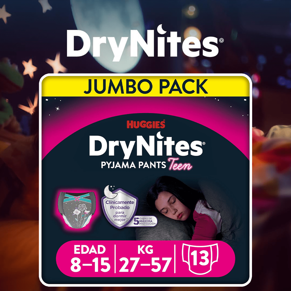 HUGGIES Dry Nites Bragas Absorbentes Niña, Clínicamente Probado con 5 capas de Máxima Protección Nocturna, Hasta un 100% de Noches Secas, Diseñados para parecer y sentirse como Ropa Interior de verdad, Pañales de Noche