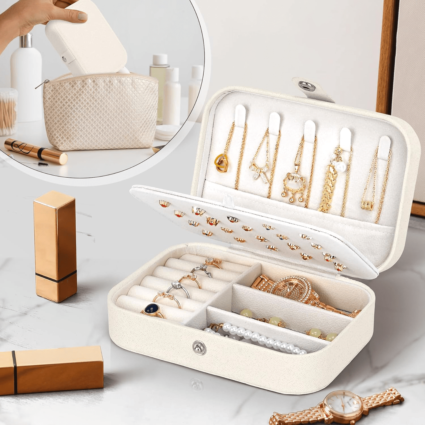 Joyeros Organizador de Mujer con Múltiples Compartimentos y Espacios, Impermeable, Cremallera Resistente, Interior Suave para Proteger las Joyas del Desgaste, 16cm Largo x 11.5cm Ancho x 5cm Alto, Caja Organizadora de Joyas