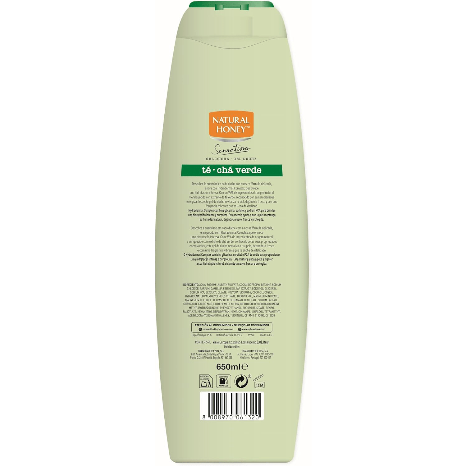 Natural Honey, Gel de Ducha de Té Verde con Propiedades Antioxidantes y Energizantes, con Hydradermal Complex para una Piel Hidratada y Revitalizada, Refrescante y Protector, Línea Sensations, 650 ml