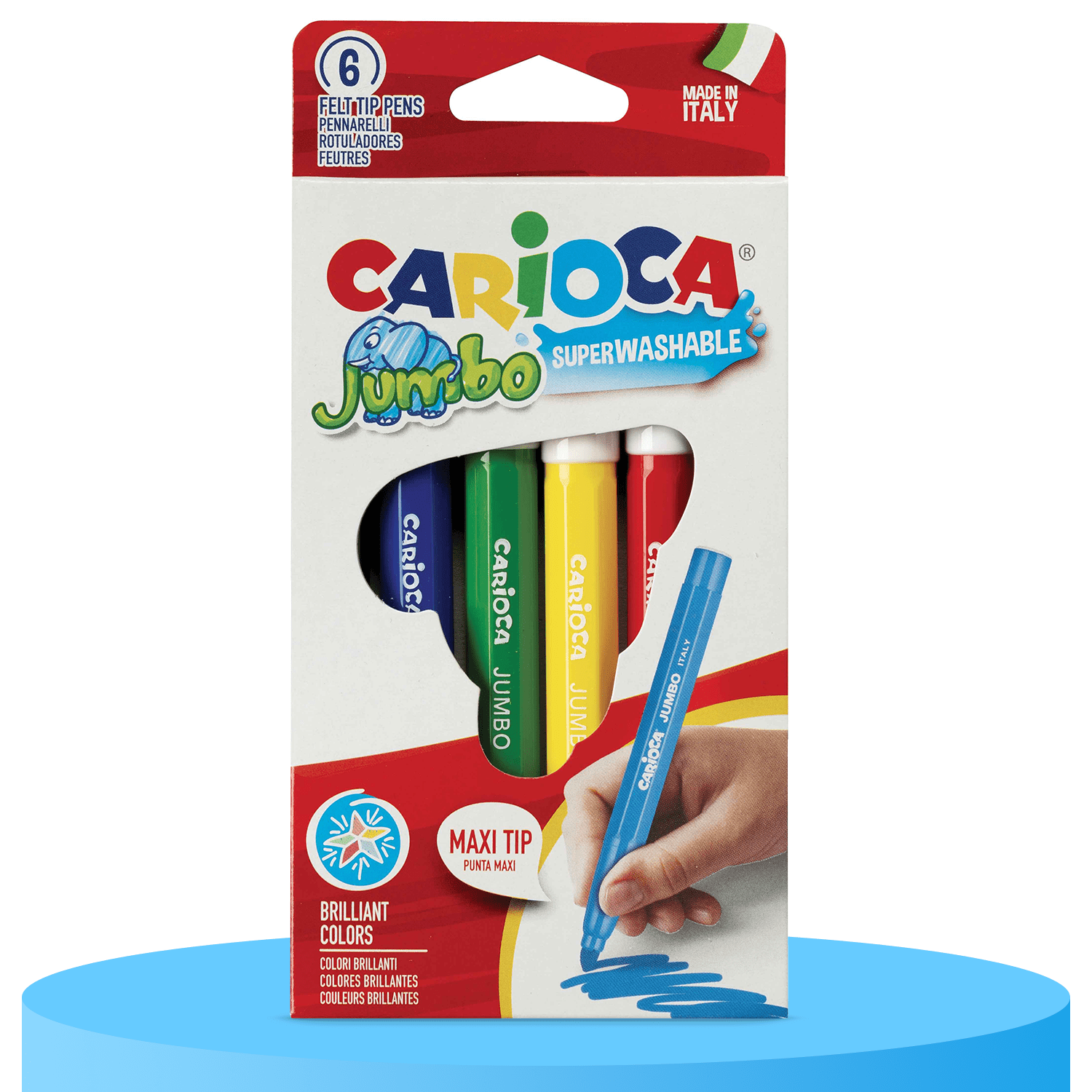 CARIOCA Jumbo Rotuladores de Colores Punta Gorda, Rotuladores Lavables, Colores Brillantes, Paquete de 6 Rotuladores