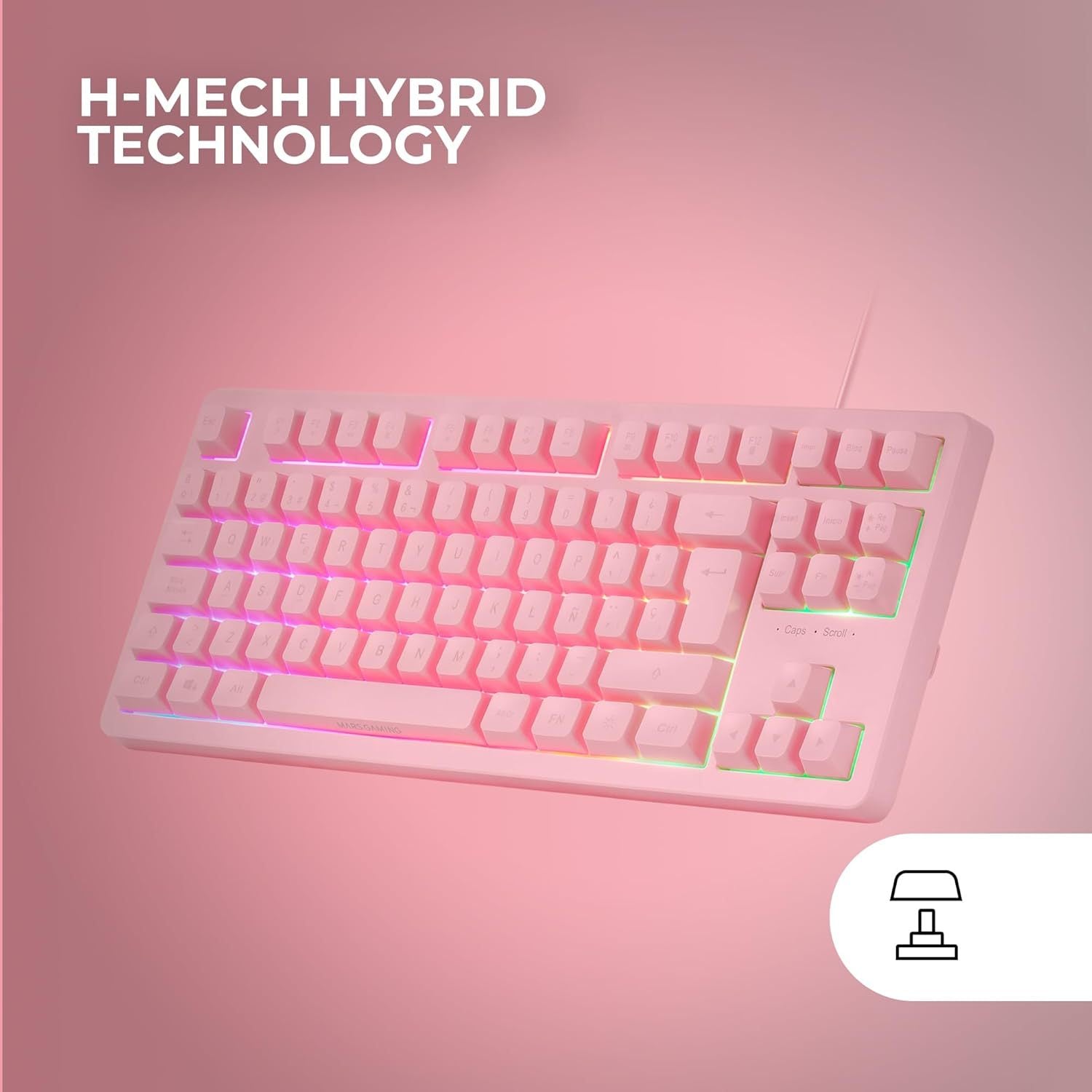 Mars Gaming MK023, Teclado Gaming TKL, Tecnología Híbrida H-Mech, Iluminación FRGB Rainbow, Anti-ghosting, Compatibilidad Universal, Rosa, Idioma Francés
