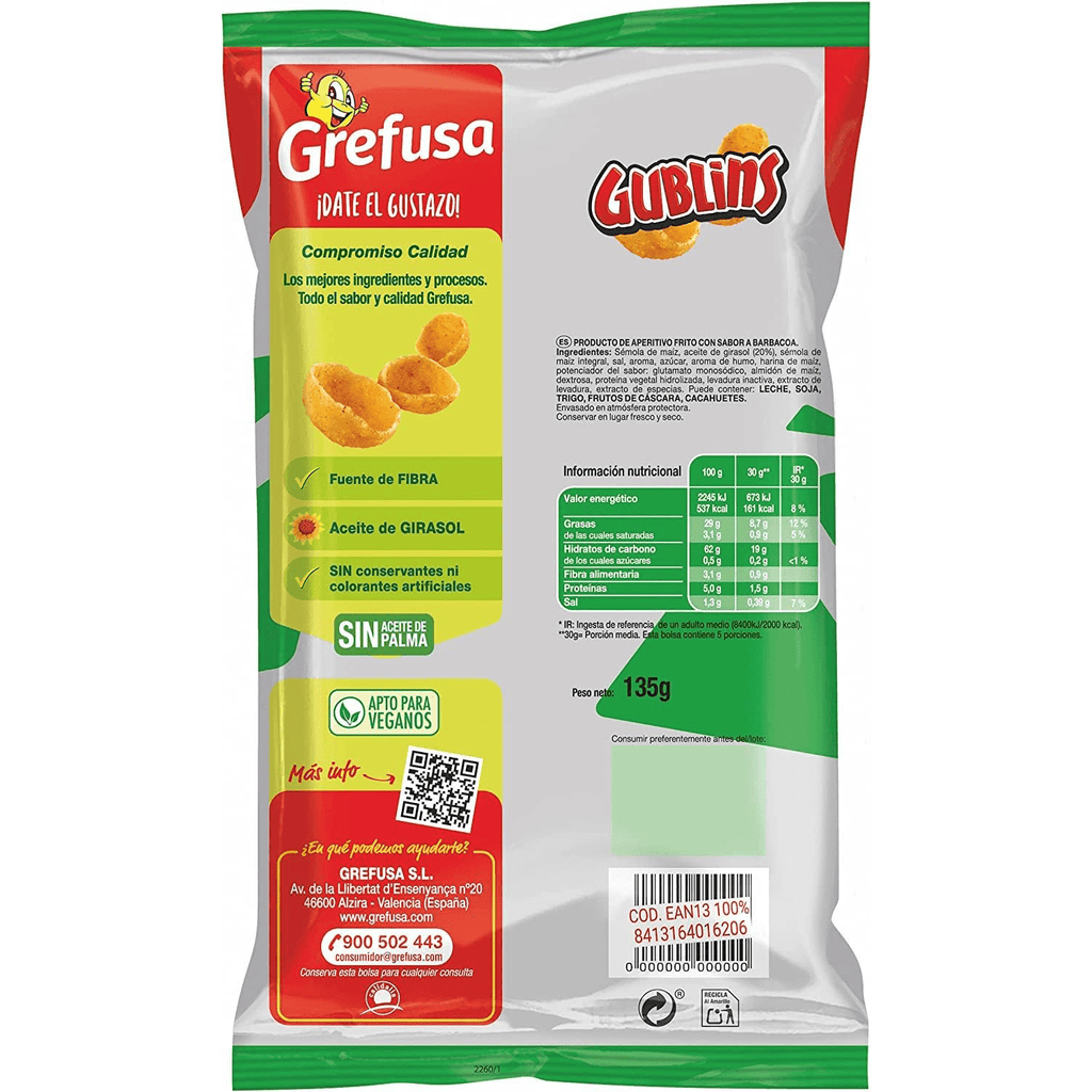 Grefusa Gublins Sabor Barbacoa, Snack Crujiente de Maíz, Ideal para Picar, Bolsa de 135g