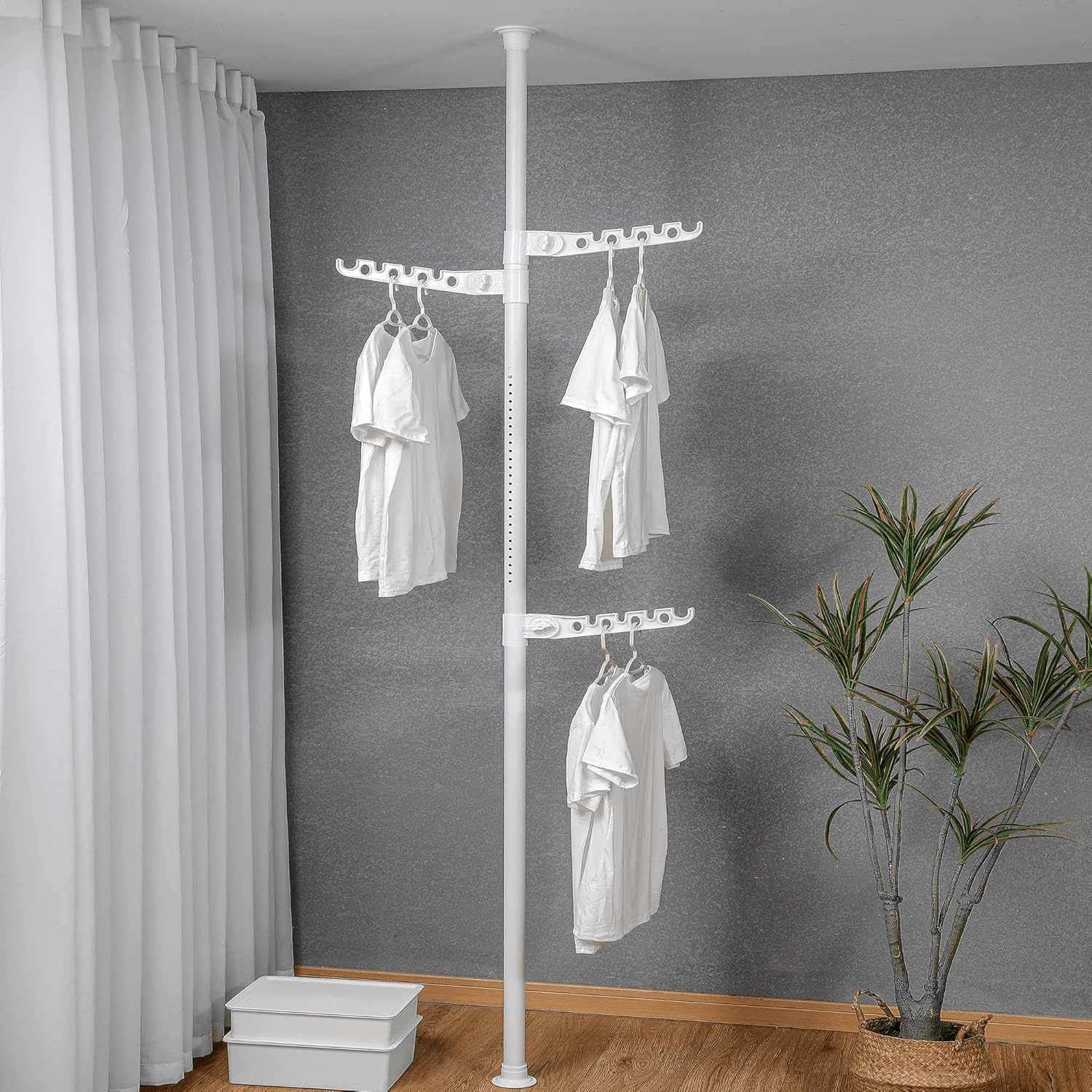 Tendedero Ropa Vertical Extensible, Tendedero Tubo Extensible, Fácil de Instalar, Ajustable en Altura, Portátil, 3 Perchas Ajustables, Fácil de Guardar, Instalación sin Herramientas, Apto para Interior, Salón, Dormitorio, Balcón, Oficina y Cuarto de Baño