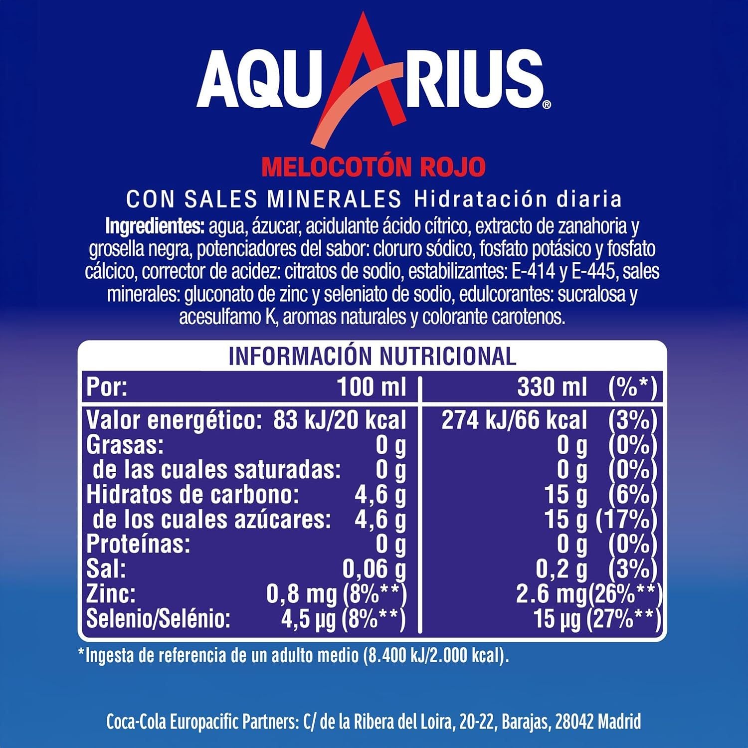 AQUARIUS Melocotón Rojo, Bebida Hidratante con Sales Minerales, Baja en Calorías, Bebida Isotónica Sabor Melocotón Rojo, Pack de 24 Latas de 330ml