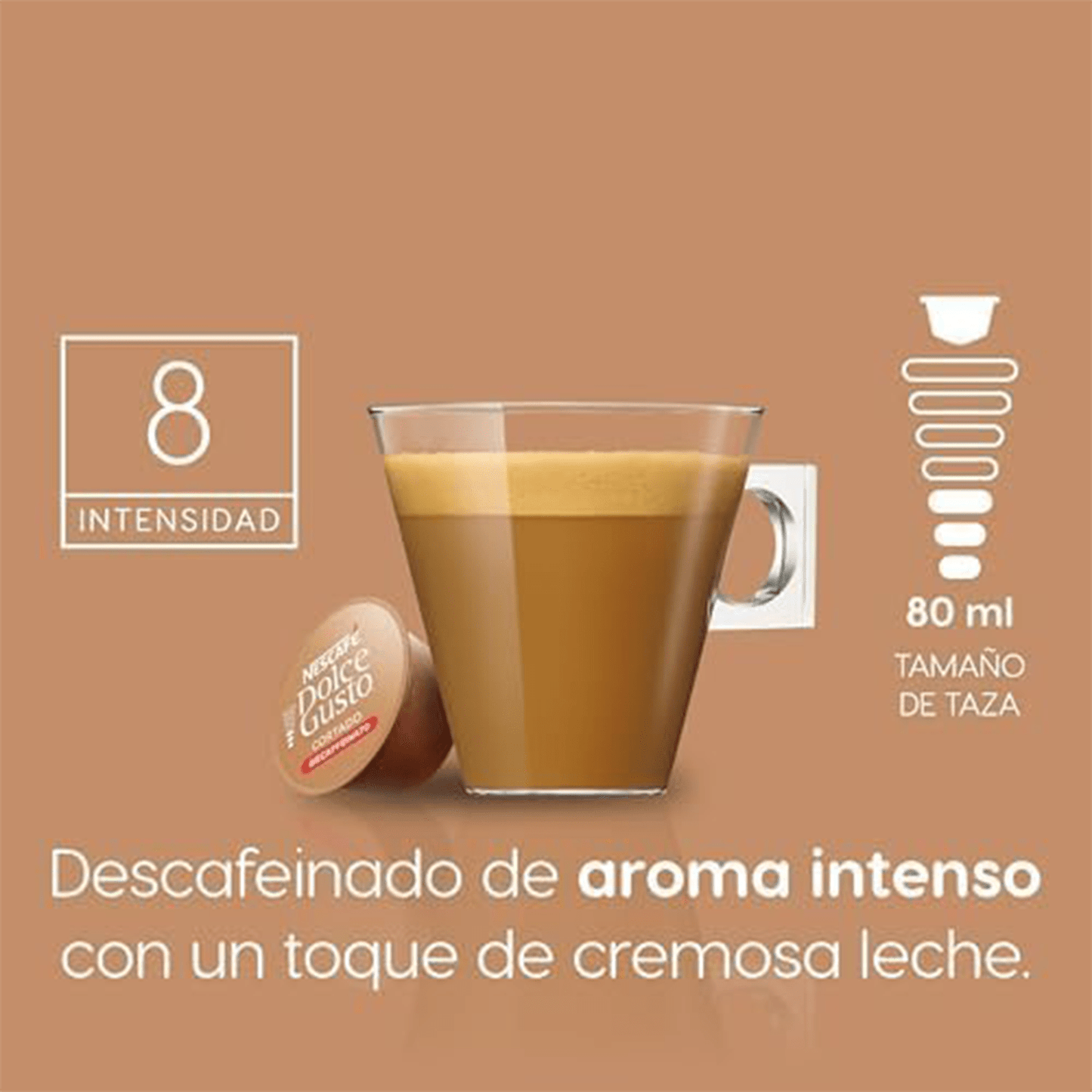 Nescafé Dolce Gusto, Cortado Espresso Macchiato Descafeinado, Intensidad 8, Intenso y Tostado, 16/48 Cápsulas