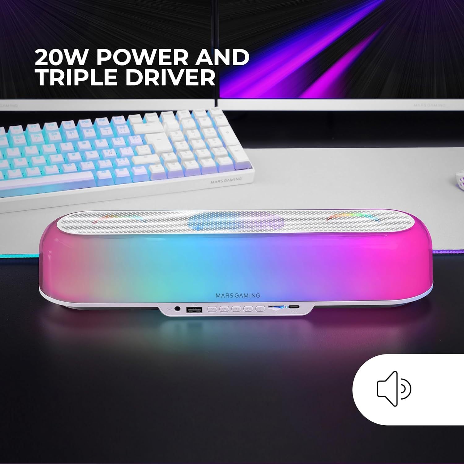 Mars Gaming MSB-Orb, Altavoz Portátil + Barra de Sonido 20W, Iluminación Orbilight RGB 360º, Soundbar con Sistema de Triple Driver, Altavoces Gaming Bluetooth 5.3 / USB/MicroSD/AUX/FM, Blanco