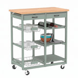 Carro Auxiliar de Cocina de Madera con Ruedas, Carrito Organizador con 2 Cajones, Estantes y Cestas Extraíbles, Diseño Multifuncional para Almacenamiento y Servicio, Verde, 68 x 37 x 75 cm