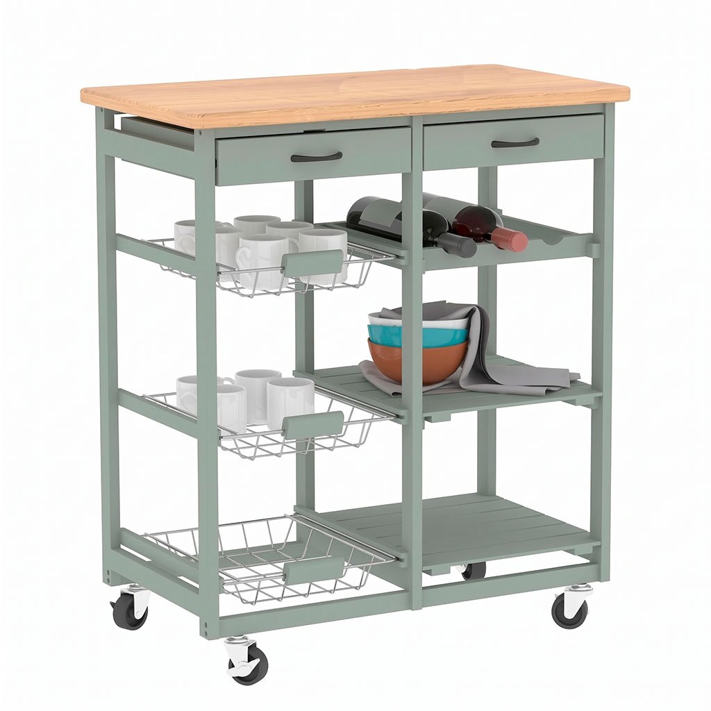 Carro Auxiliar de Cocina de Madera con Ruedas, Carrito Organizador con 2 Cajones, Estantes y Cestas Extraíbles, Diseño Multifuncional para Almacenamiento y Servicio, Verde, 68 x 37 x 75 cm