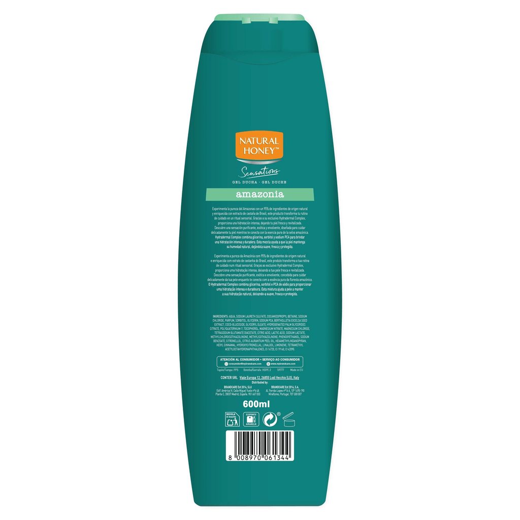 Natural Honey, Gel de Ducha Amazonia Hidratante y Nutritivo, con Extracto de Castañas Brasileñas y Hydradermal Complex para una Piel Hidratada, Fresca y Revitalizada, Línea Sensations, 600 ml