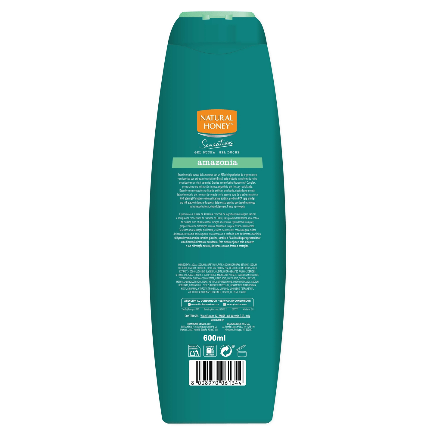 Natural Honey, Gel de Ducha Amazonia Hidratante y Nutritivo, con Extracto de Castañas Brasileñas y Hydradermal Complex para una Piel Hidratada, Fresca y Revitalizada, Línea Sensations, 600 ml