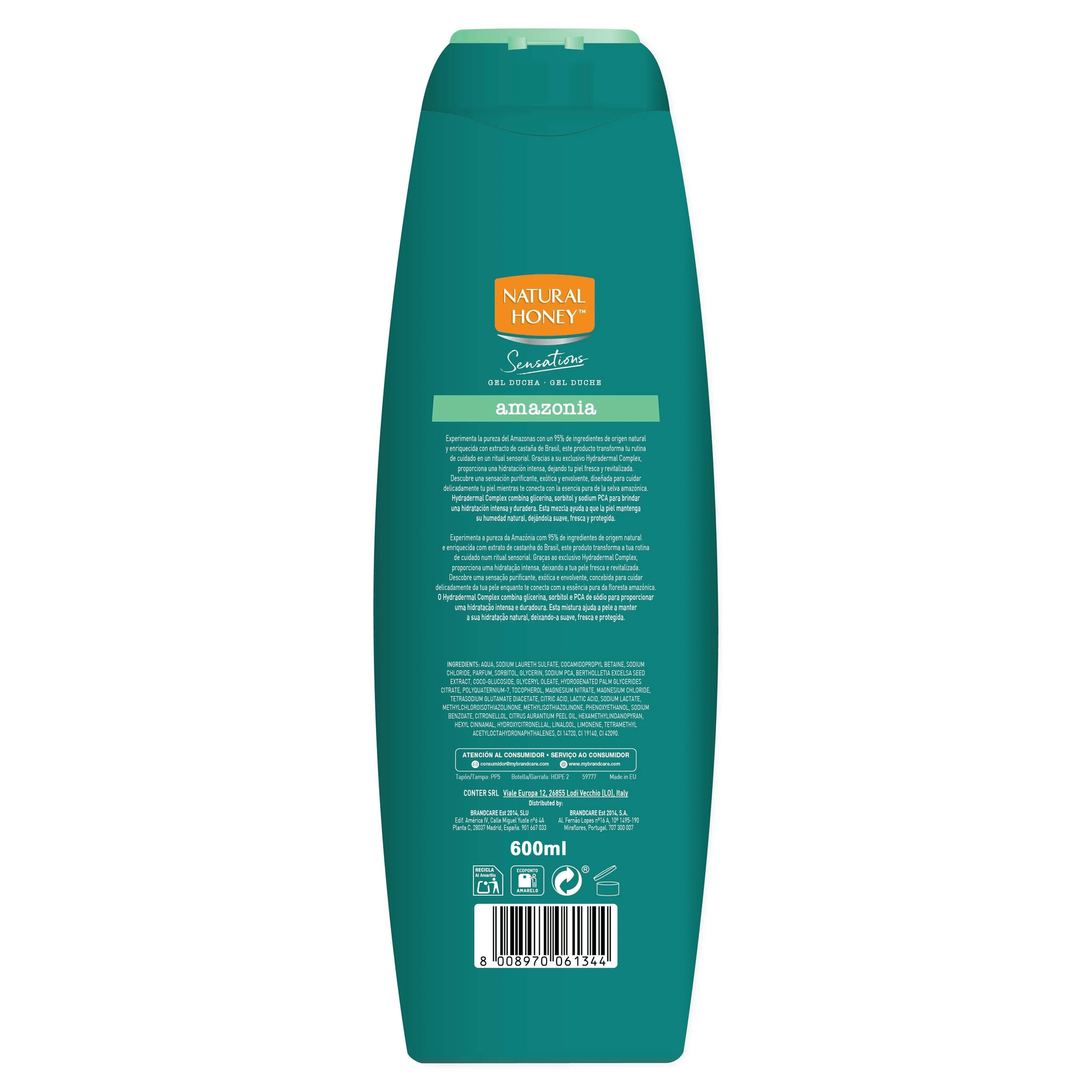 Natural Honey, Gel de Ducha Amazonia Hidratante y Nutritivo, con Extracto de Castañas Brasileñas y Hydradermal Complex para una Piel Hidratada, Fresca y Revitalizada, Línea Sensations, 600 ml