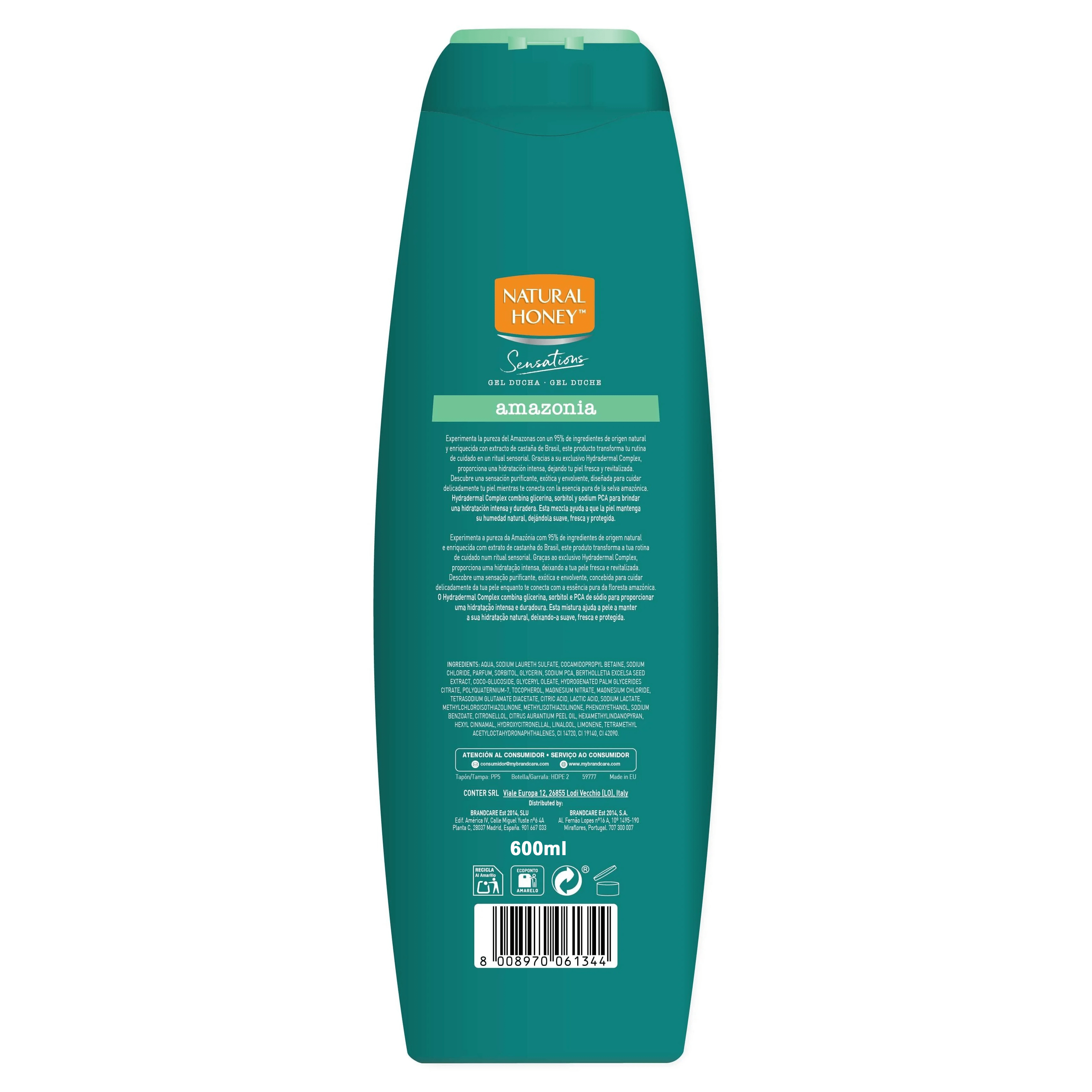Natural Honey, Gel de Ducha Amazonia Hidratante y Nutritivo, con Extracto de Castañas Brasileñas y Hydradermal Complex para una Piel Hidratada, Fresca y Revitalizada, Línea Sensations, 600 ml