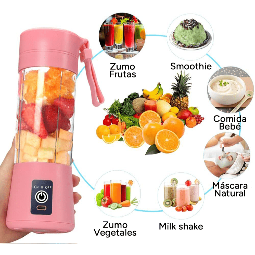 Licuadora Portatil Zumos y Batidos, Batidora para Frutas y Verduras, 6 Cuchillas de Acero, Vaso de 380ml de Capacidad, Ideal para Llevar, Cable de Carga USB, Batería de 800 mAh, 22000 RPM