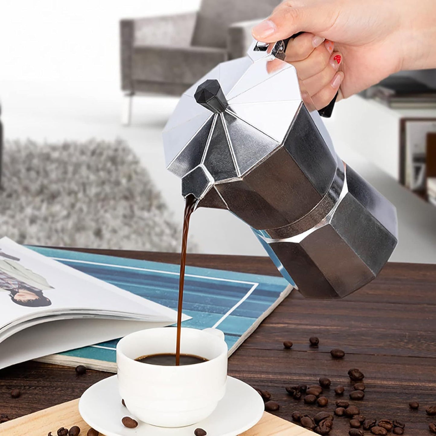 Cafetera Italiana 9 Tazas, Cafetera Italiana de Aluminio con Mango Ergonómico, Compatible con Cocina de Gas, Vitrocerámica e Inducción, Válvula de Seguridad