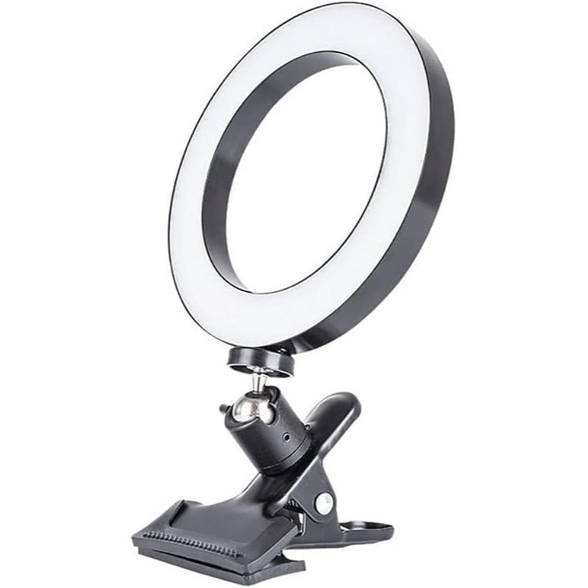Aro de Luz con Pinza, Anillo De Luz para Selfies, 15 cm de Diámetro, Pinza de Sujección, Varios Niveles de Luz y Color Graduables, Conexión con Cable USB, Ideal para Vídeo y Fotografía, Plástico ABS y PS