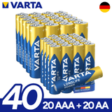 VARTA Pilas AA y AAA Alcalinas de Alto Rendimiento, 20 Pilas AA + 20 Pilas AAA, VARTA Longlife Power, Ultra Larga Duración, Energía Continua, Ideal para Controles Remotos, Juguetes Electrónicos, Linternas, Lámparas, Relojes