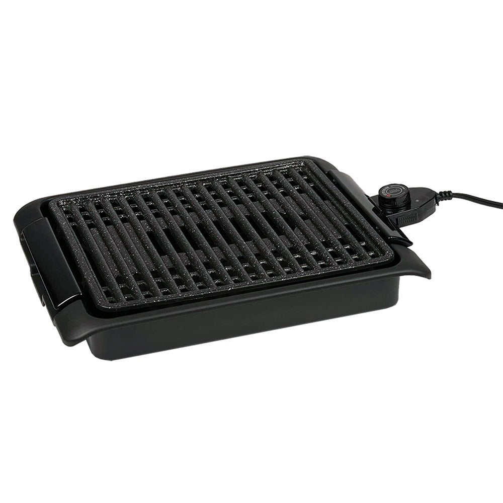 Grill eléctrico sin humos con parrilla de aluminio antiadherente y cable desmontable con termostato regulable potencia de 1250W, superficie de 25.5 × 30.5 cm