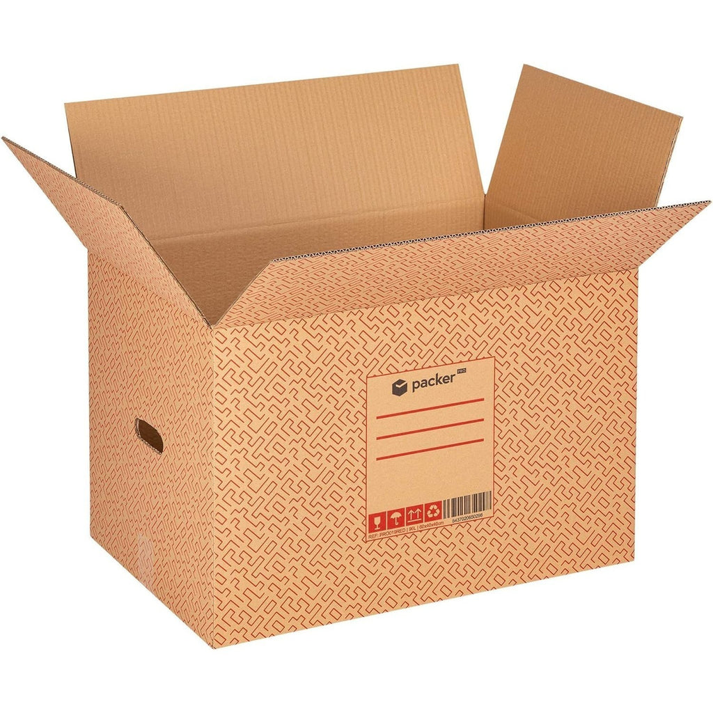 packer PRO Caja Cartón para Mudanzas y Almacenaje Ultra Resistentes con Asas, Fabricadas en Cartón Duro, Ideal para Mudanzas o Almacenaje de Libros y Ropa, Transporte Cómodo y Seguro gracias a las Asas Laterales