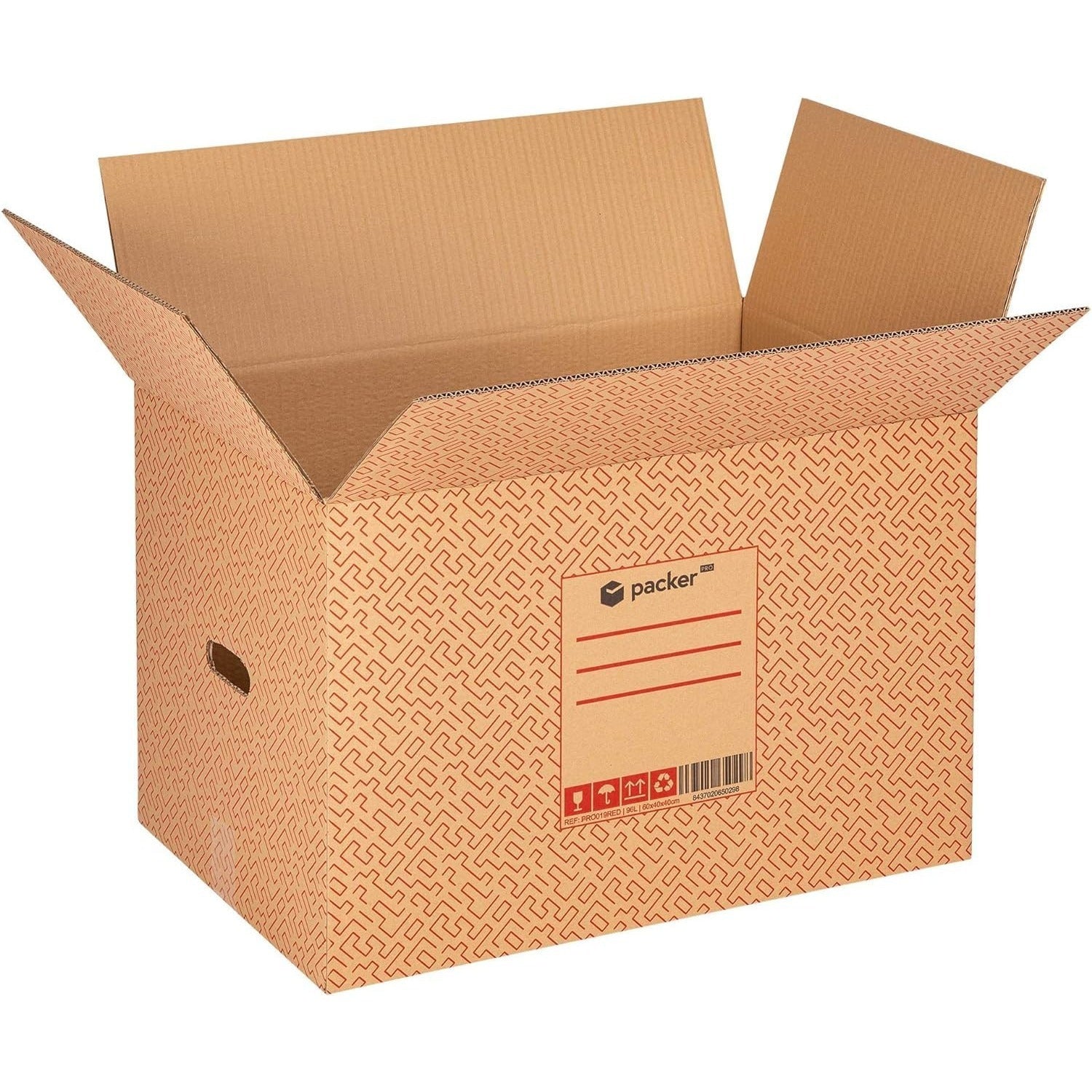 packer PRO Caja Cartón para Mudanzas y Almacenaje Ultra Resistentes con Asas, Fabricadas en Cartón Duro, Ideal para Mudanzas o Almacenaje de Libros y Ropa, Transporte Cómodo y Seguro gracias a las Asas Laterales