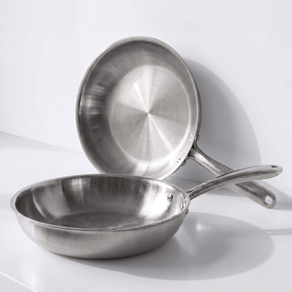 Set 2 Sartenes de Acero Inoxidable TriPly Pulido y Mango Ergonómico de Acero Inoxidable Aptas para Todo Tipos de Cocina, Distribución Uniforme del Calor, Ø20/Ø24cm