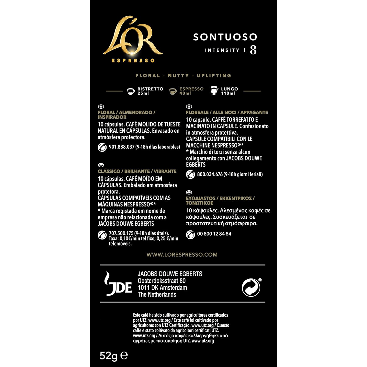 L'Or Espresso Café Cápsulas Sontuoso, Intensidad 8, Floral y Almendrado, 10/50 Cápsulas