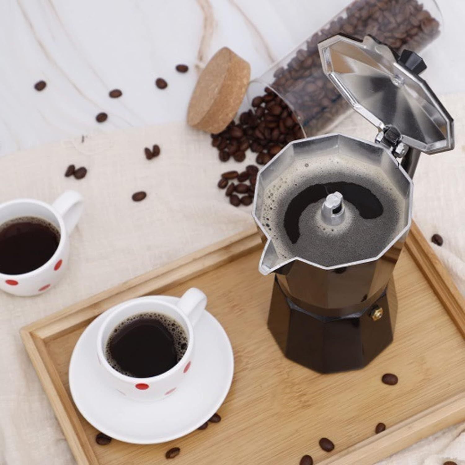 Cafetera Italiana de Aluminio Resistente con Asa de Bakelita Ergonómica y Aislante de Calor, Compatible con Gas, Vitrocerámica e Inducción, Octogonal