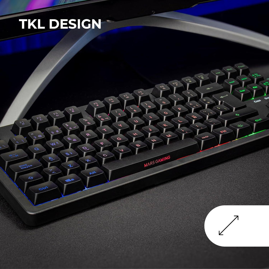 Mars Gaming MK023, Teclado Gaming TKL, Tecnología Híbrida H-Mech, Iluminación FRGB Rainbow, Anti-ghosting, Compatibilidad Universal, Negro, Idioma Español