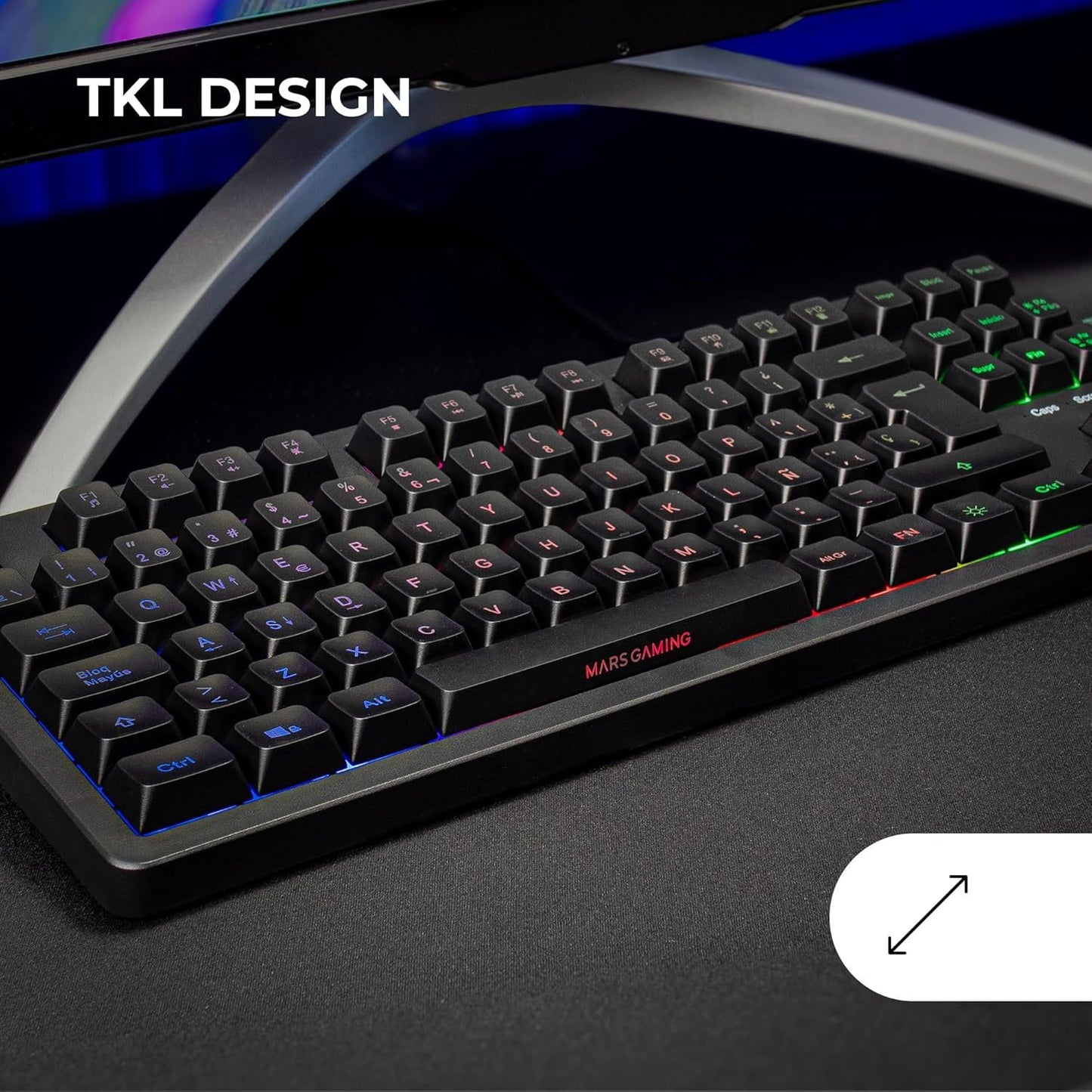 Mars Gaming MK023, Teclado Gaming TKL, Tecnología Híbrida H-Mech, Iluminación FRGB Rainbow, Anti-ghosting, Compatibilidad Universal, Negro, Idioma Español