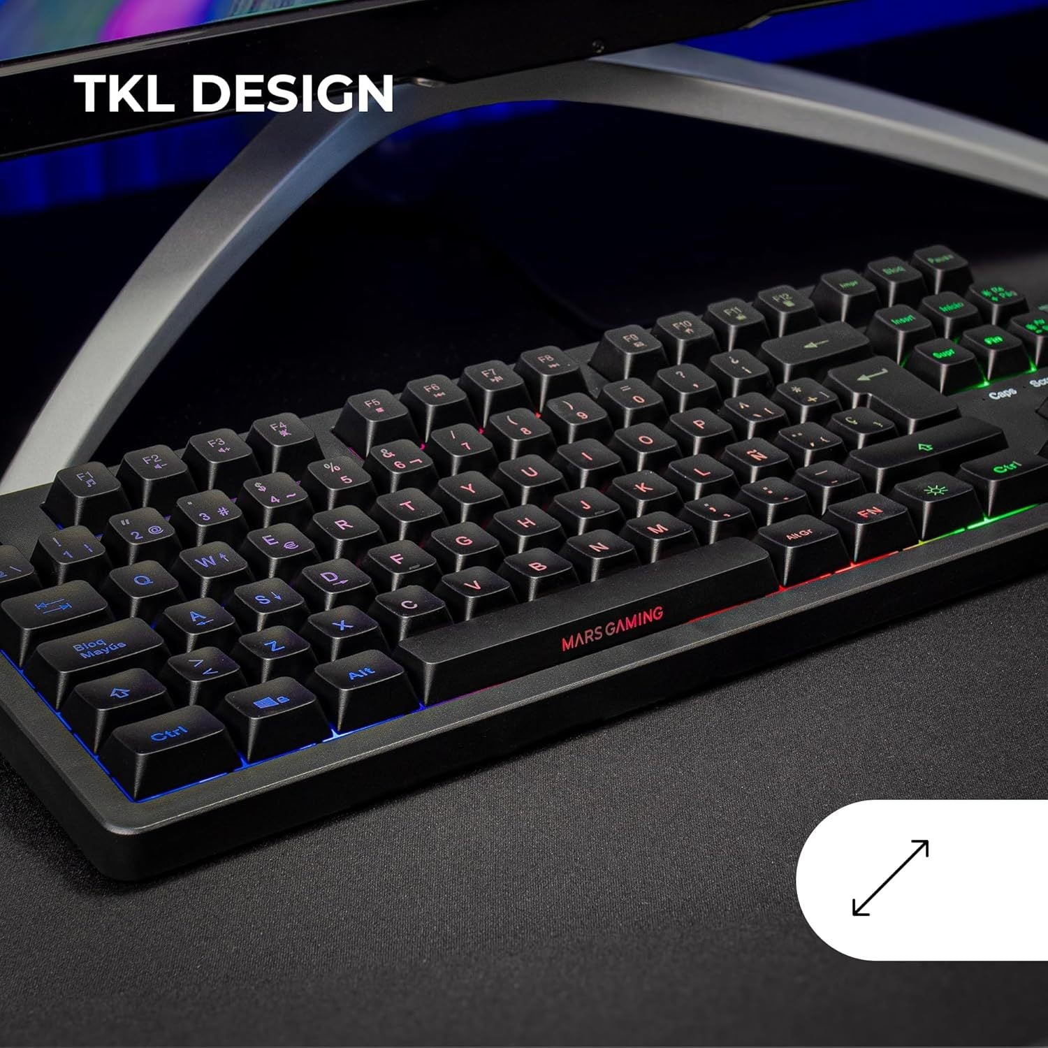 Mars Gaming MK023, Teclado Gaming TKL, Tecnología Híbrida H-Mech, Iluminación FRGB Rainbow, Anti-ghosting, Compatibilidad Universal, Negro, Idioma Español